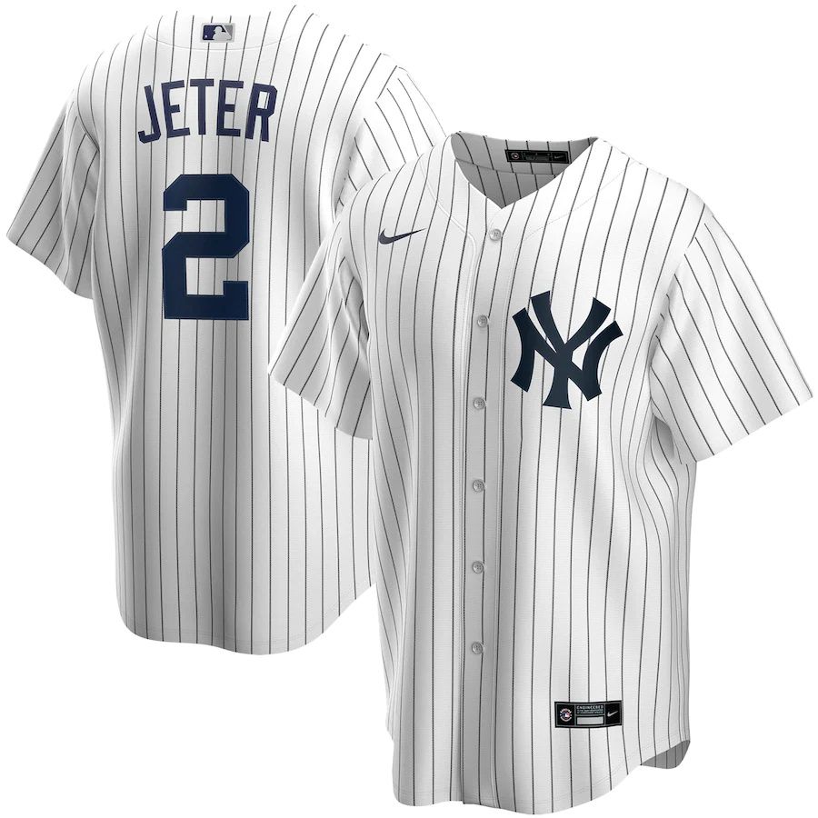 Mens New York Yankees #2 Derek Jeter Nike White Navy Home Replica Player Name MLB Jerseys